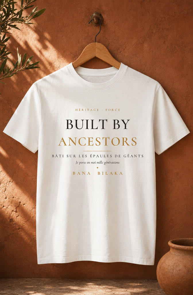 Bana Bilaka Built by Ancestors — t-shirt blanc sur cintre, ambiance boutique terracotta