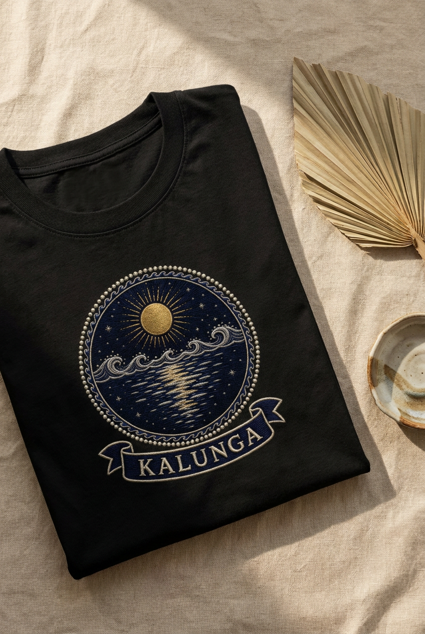 Kalunga black tee flat-lay on linen, Dikenga Collection by Bana Bilaka