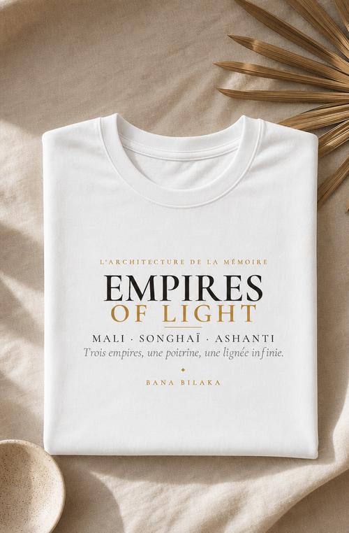 Bana Bilaka Empires of Light — t-shirt blanc coton bio, mise en scène flat-lay premium