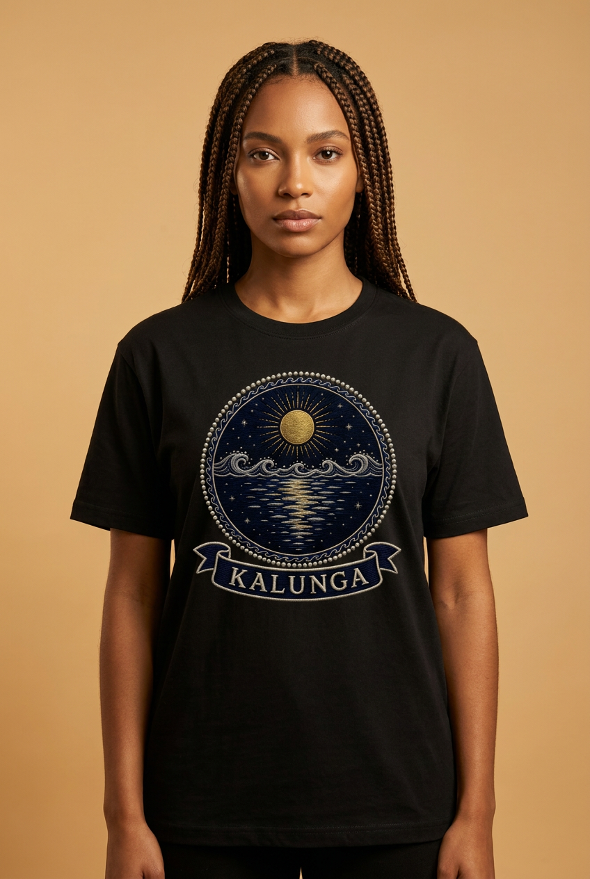 Black model wearing the Kalunga black tee, Dikenga Collection by Bana Bilaka