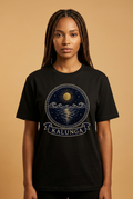 Black model wearing the Kalunga black tee, Dikenga Collection by Bana Bilaka