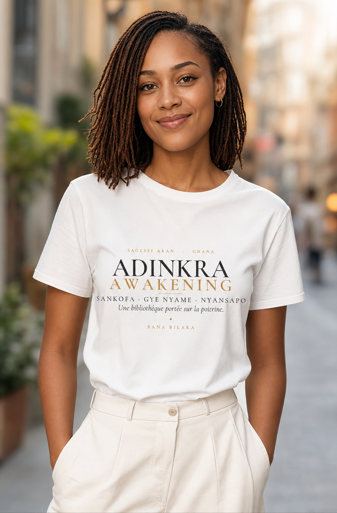 Bana Bilaka Adinkra Awakening — t-shirt blanc porté par une femme aux locs, portrait éditorial premium