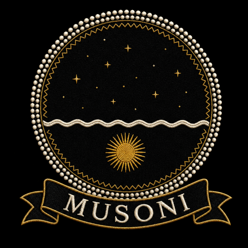 Musoni emblem, embroidery-style Kongo medallion with the midnight sun low beneath the Kalunga line, saffron yellow and ivory on black