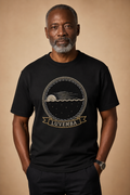 Black model wearing the Luvemba black tee, Dikenga Collection by Bana Bilaka