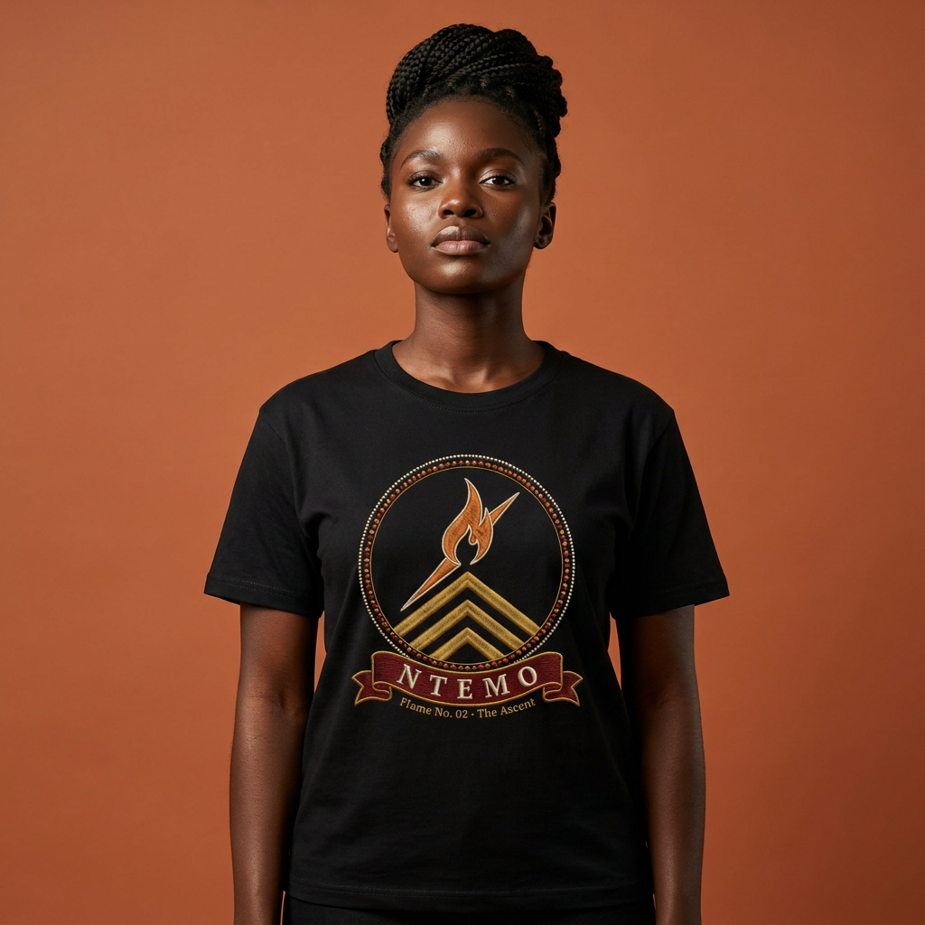 Woman with a braided updo wearing the black Ntemo tee, embroidery-style flame medallion of the ascent, The Twelve Flames collection by Bana Bilaka