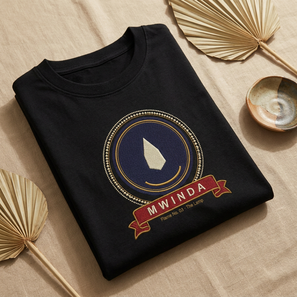 Black Mwinda tee folded flat on natural linen, lamp flame medallion, The Twelve Flames by Bana Bilaka