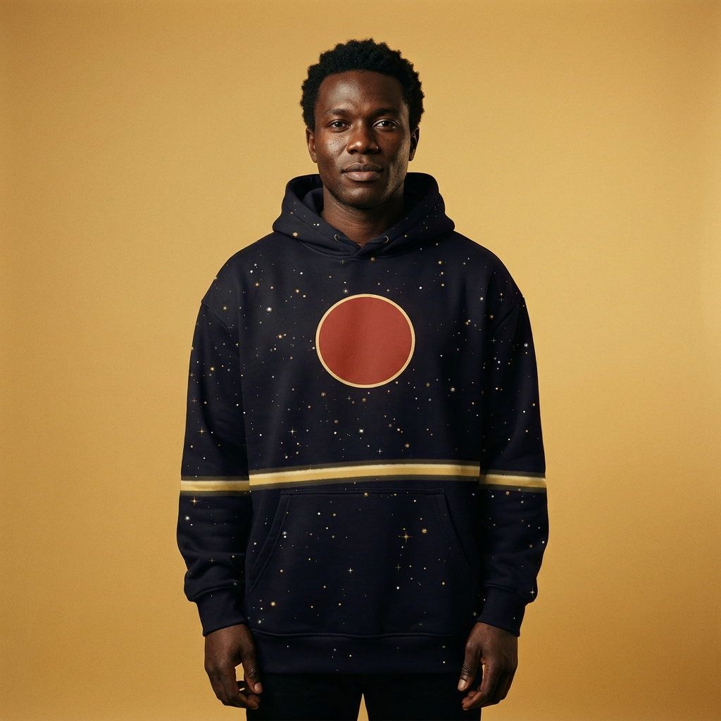 Model wearing the Tukula · Night Skies all over hoodie: deep indigo night sky with gold and ivory stars, a camwood red sun ringed in warm gold at the top of the chest, the gold horizon line crossing chest and sleeves