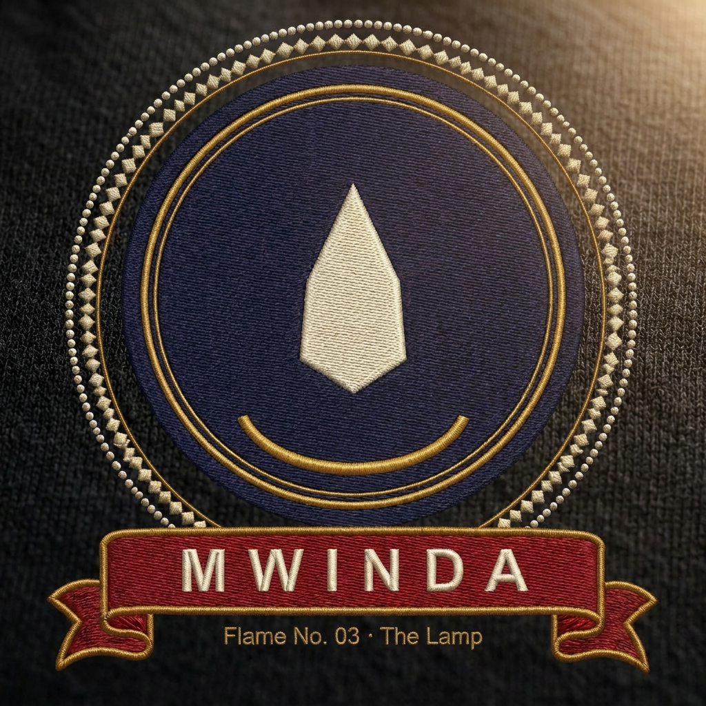 Close-up of the Mwinda emblem: ivory flame in a gold crescent on a deep indigo disc, MWINDA banner, Flame No. 03 The Lamp