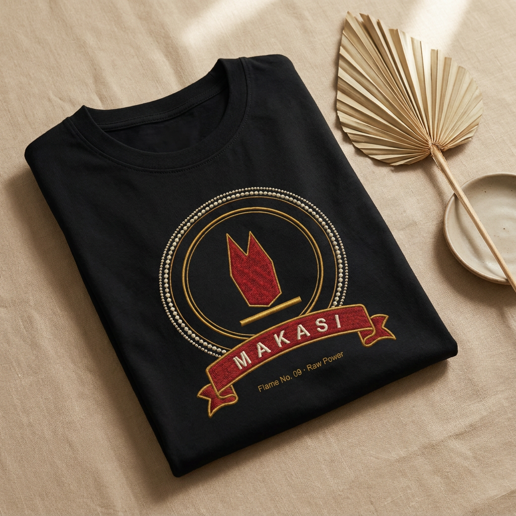 Black Makasi tee folded flat on natural linen, ruby raw power medallion, The Twelve Flames by Bana Bilaka