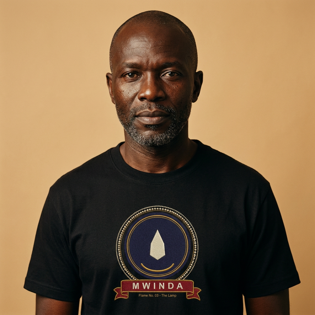Mature man wearing the black Mwinda tee, ivory lamp flame in a gold crescent on indigo, The Twelve Flames collection by Bana Bilaka