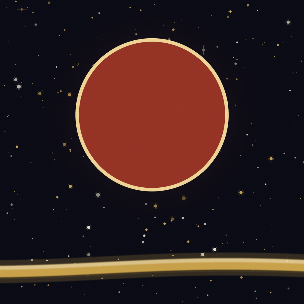 Detail of the Tukula sky: a camwood red sun ringed in warm gold at the zenith, gold and ivory stars on deep indigo