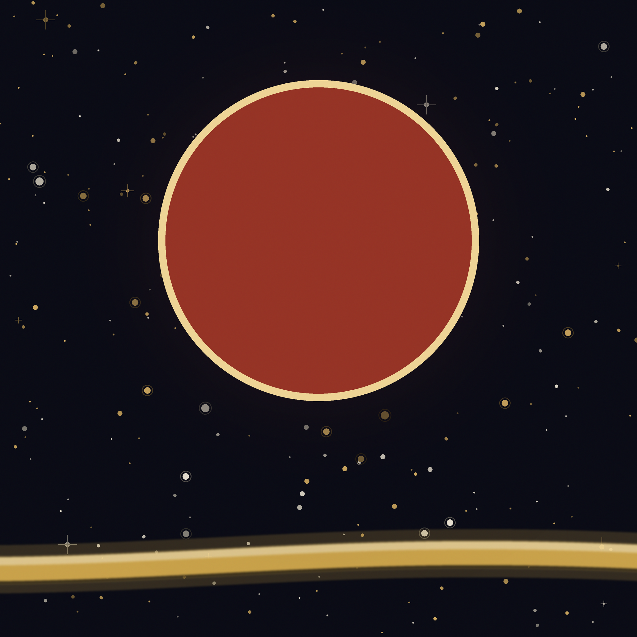 Detail of the Tukula sky: a camwood red sun ringed in warm gold at the zenith, gold and ivory stars on deep indigo