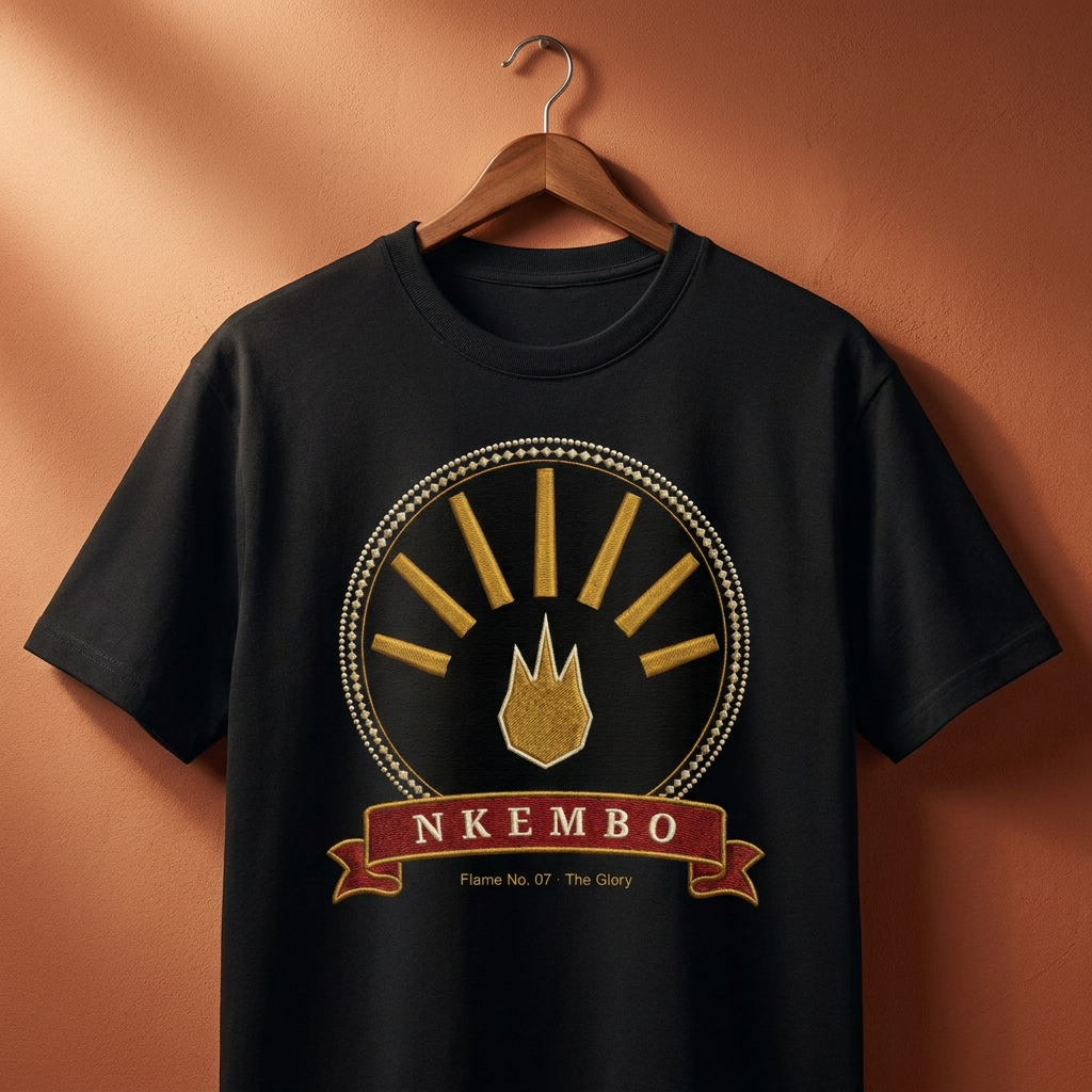 Black Nkembo tee on a wooden hanger against a terracotta wall, The Twelve Flames by Bana Bilaka