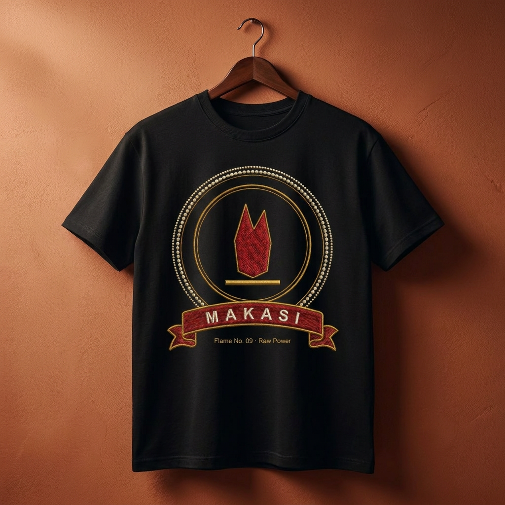 Black Makasi tee on a wooden hanger against a terracotta wall, The Twelve Flames by Bana Bilaka