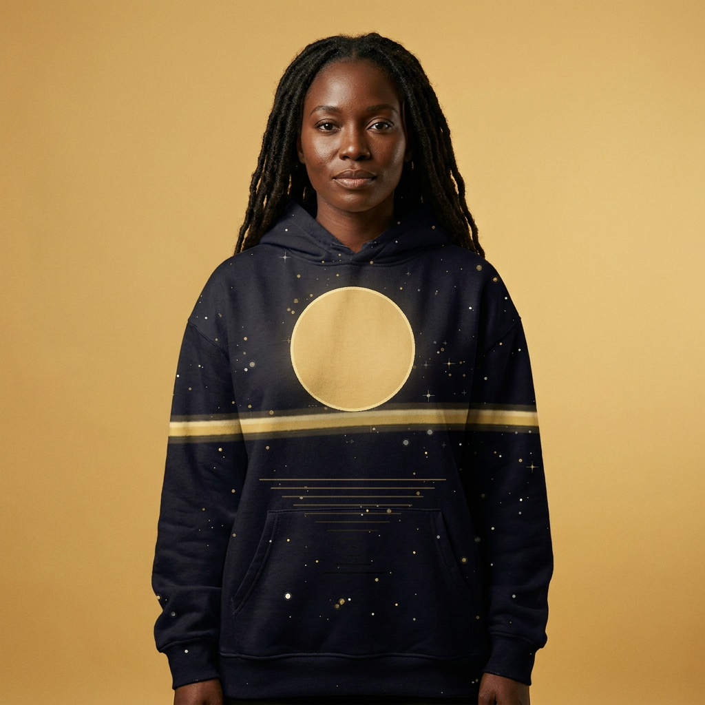 Model wearing the Kalunga · Night Skies all over hoodie: deep indigo night sky with gold and ivory stars, a warm gold sun resting just above the horizon line, its reflection scattered on the water below