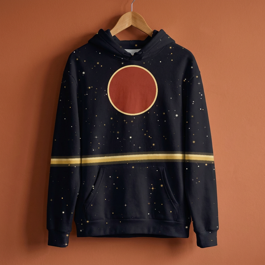 Tukula · Night Skies all over hoodie on a wooden hanger against a terracotta wall, the night sky printed from hood to hem