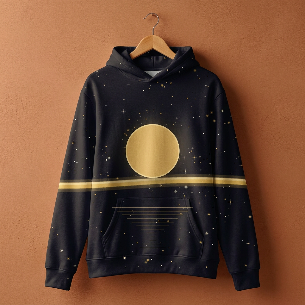 Kalunga · Night Skies all over hoodie on a wooden hanger against a terracotta wall, the whole night sky printed edge to edge
