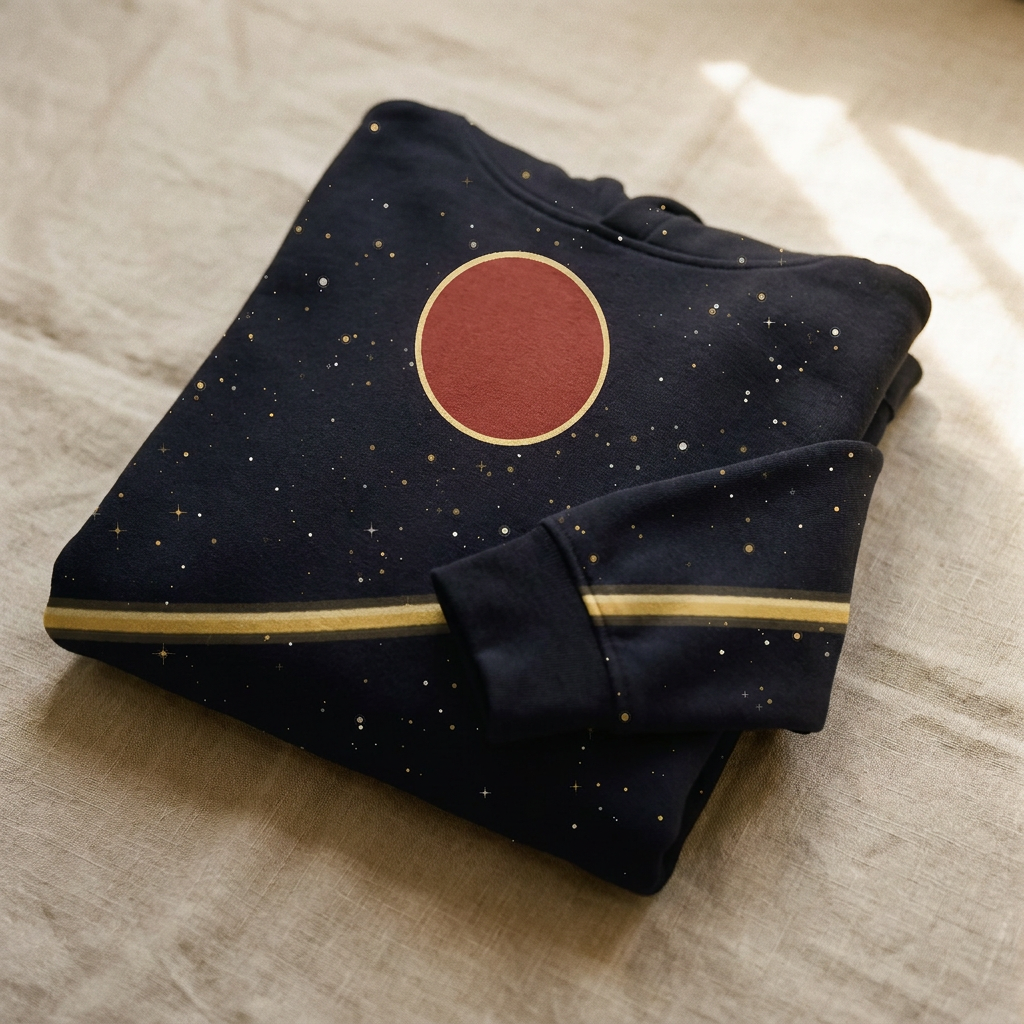 Tukula · Night Skies all over hoodie folded on natural linen, indigo sky seeded with gold and ivory stars, the fine warm gold Kalunga line across the chest