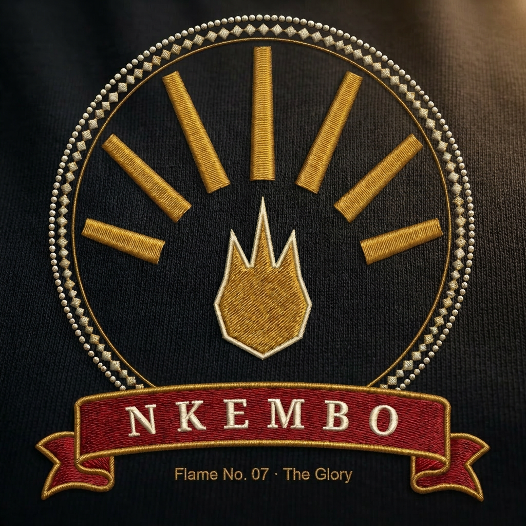Close-up of the Nkembo emblem: three-tongued deep gold flame under seven long rays, NKEMBO banner, Flame No. 07 The Glory