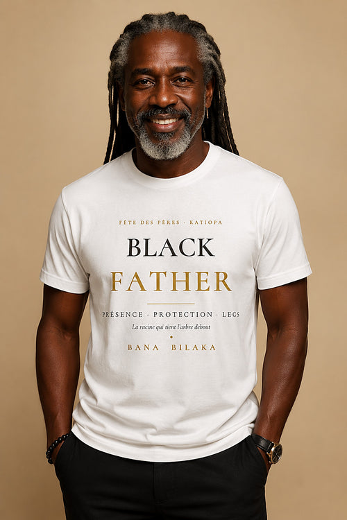 Bana Bilaka Black Father — premium white organic cotton men's tee worn by a distinguished Black father, editorial portrait
