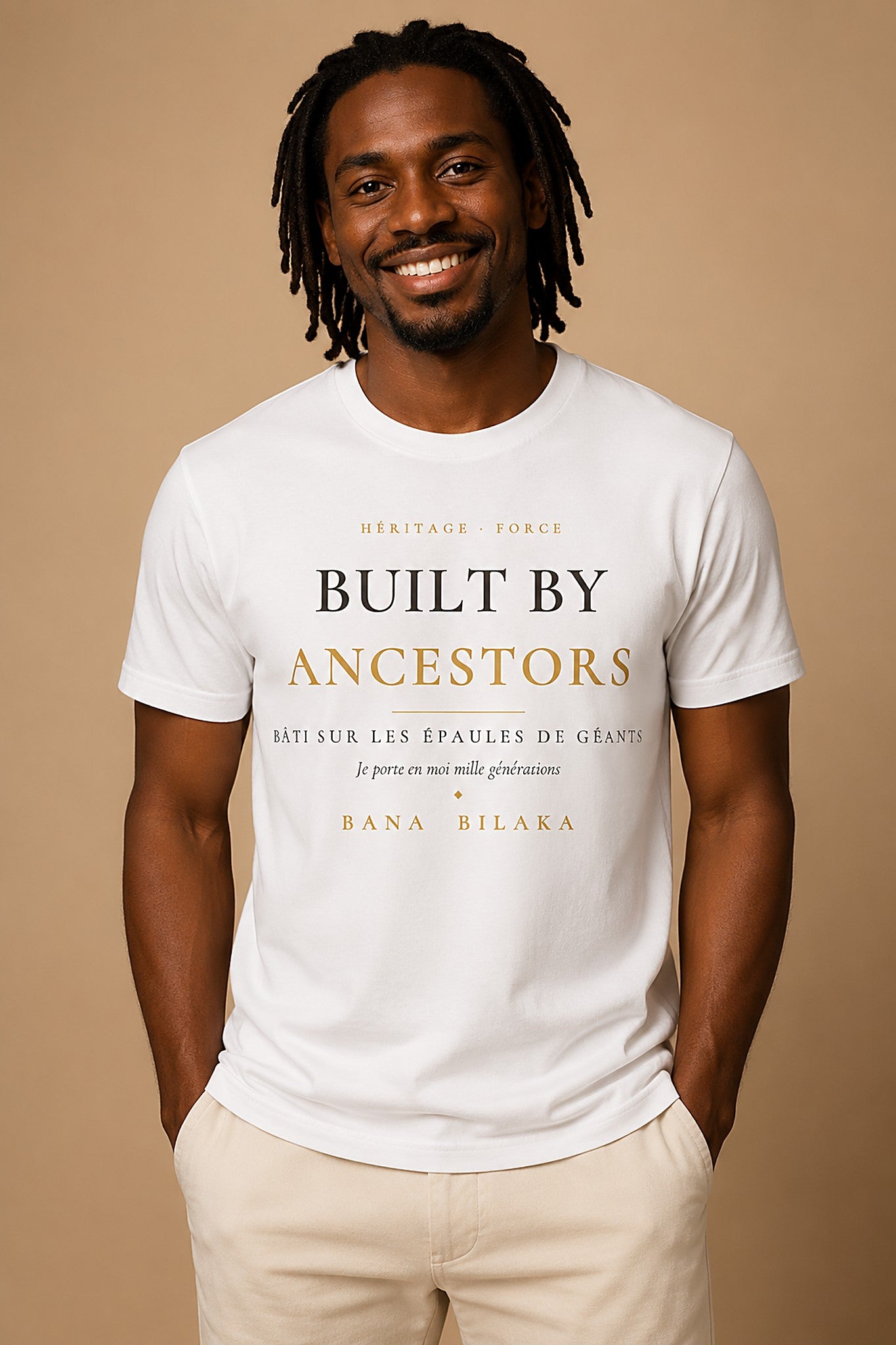 Bana Bilaka Built by Ancestors — premium white organic cotton men's tee worn by a Black man, editorial portrait