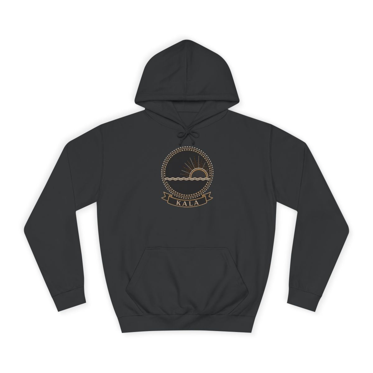 Kala jet black hoodie product view, embroidery-style Kongo emblem printed on the chest, Dikenga Collection by Bana Bilaka