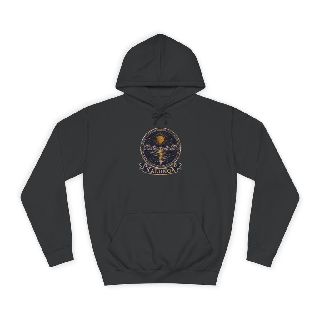 Kalunga jet black hoodie product view, embroidery-style Kongo emblem printed on the chest, Dikenga Collection by Bana Bilaka
