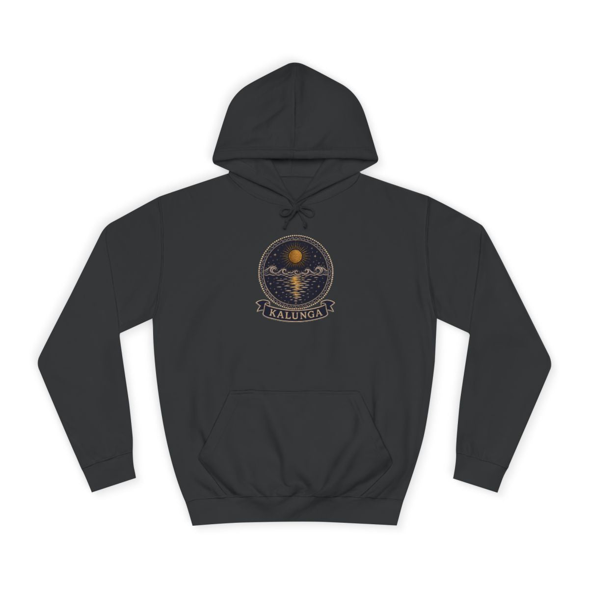 Kalunga jet black hoodie product view, embroidery-style Kongo emblem printed on the chest, Dikenga Collection by Bana Bilaka