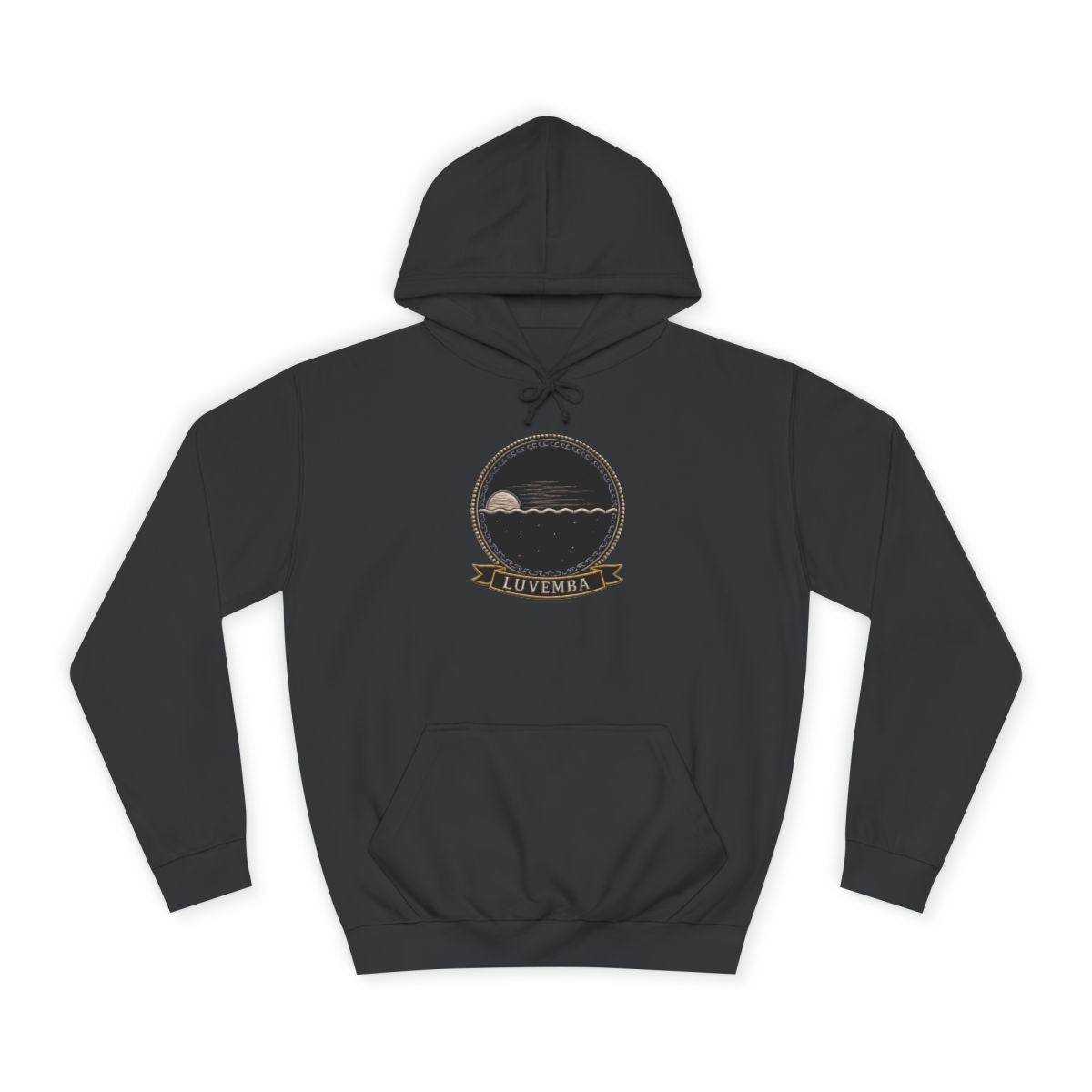 Luvemba jet black hoodie product view, embroidery-style Kongo emblem printed on the chest, Dikenga Collection by Bana Bilaka