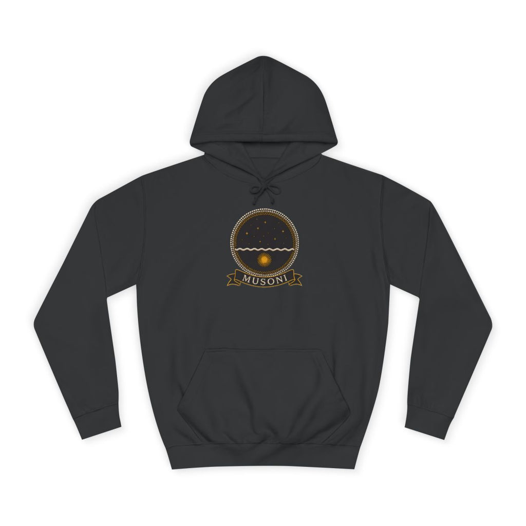Musoni jet black hoodie product view, embroidery-style Kongo emblem printed on the chest, Dikenga Collection by Bana Bilaka
