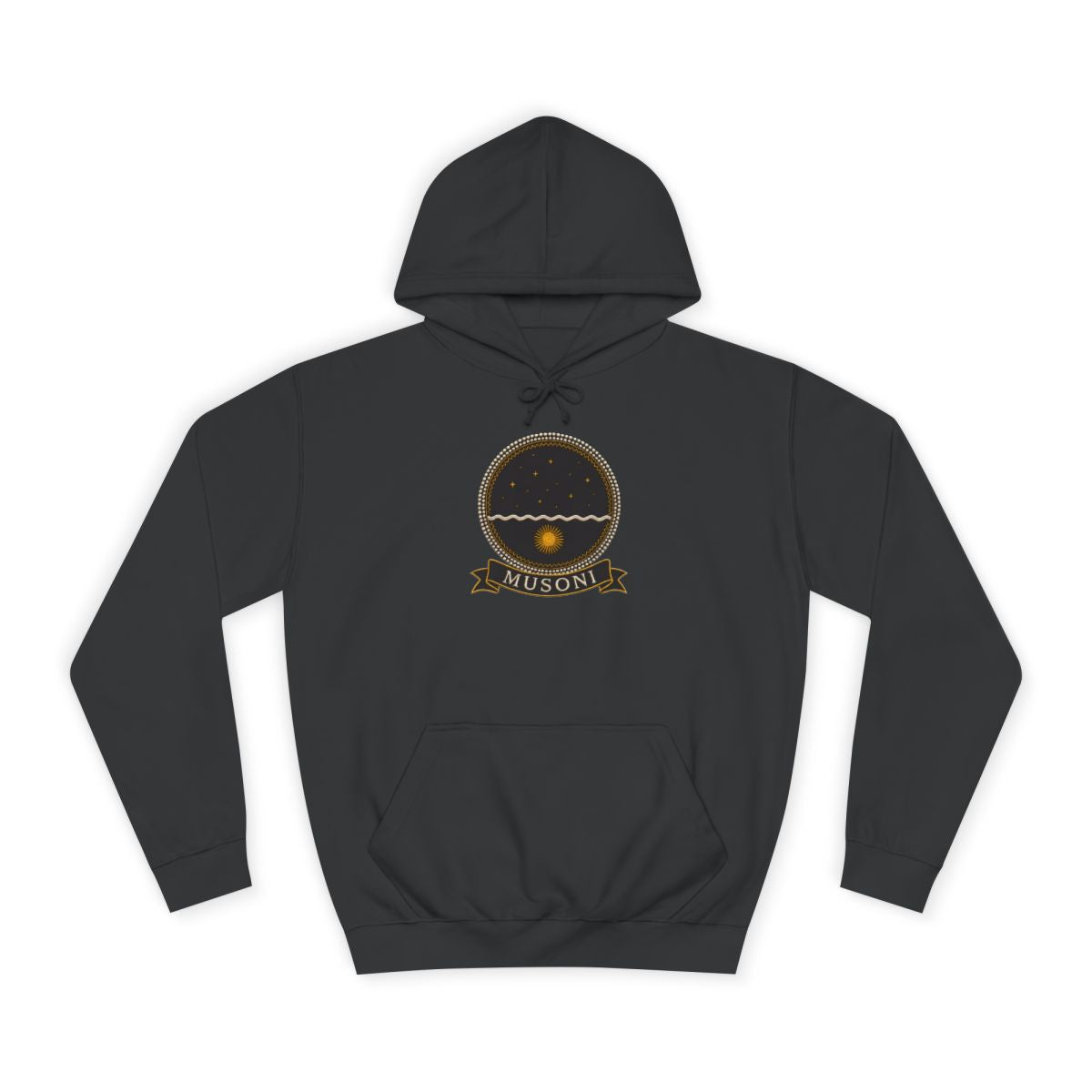 Musoni jet black hoodie product view, embroidery-style Kongo emblem printed on the chest, Dikenga Collection by Bana Bilaka