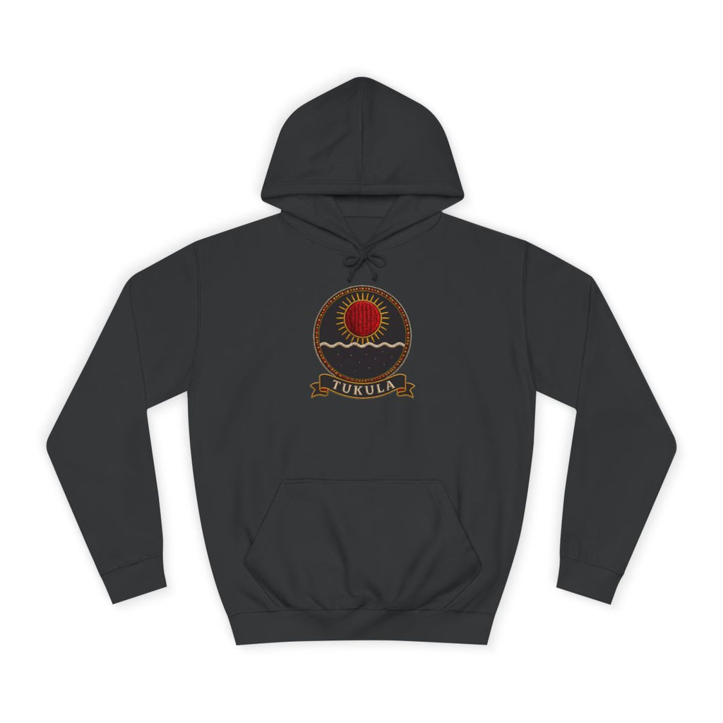 Tukula jet black hoodie product view, embroidery-style Kongo emblem printed on the chest, Dikenga Collection by Bana Bilaka