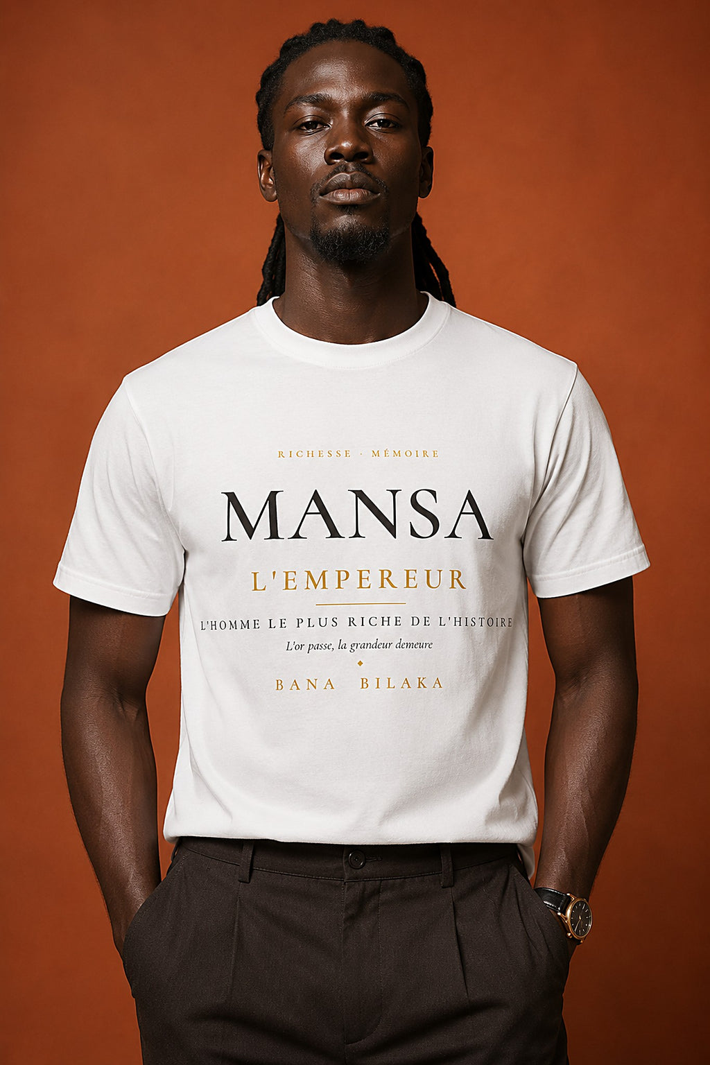 Bana Bilaka Mansa l'Empereur — premium white organic cotton men's tee worn by a Black African man, editorial portrait