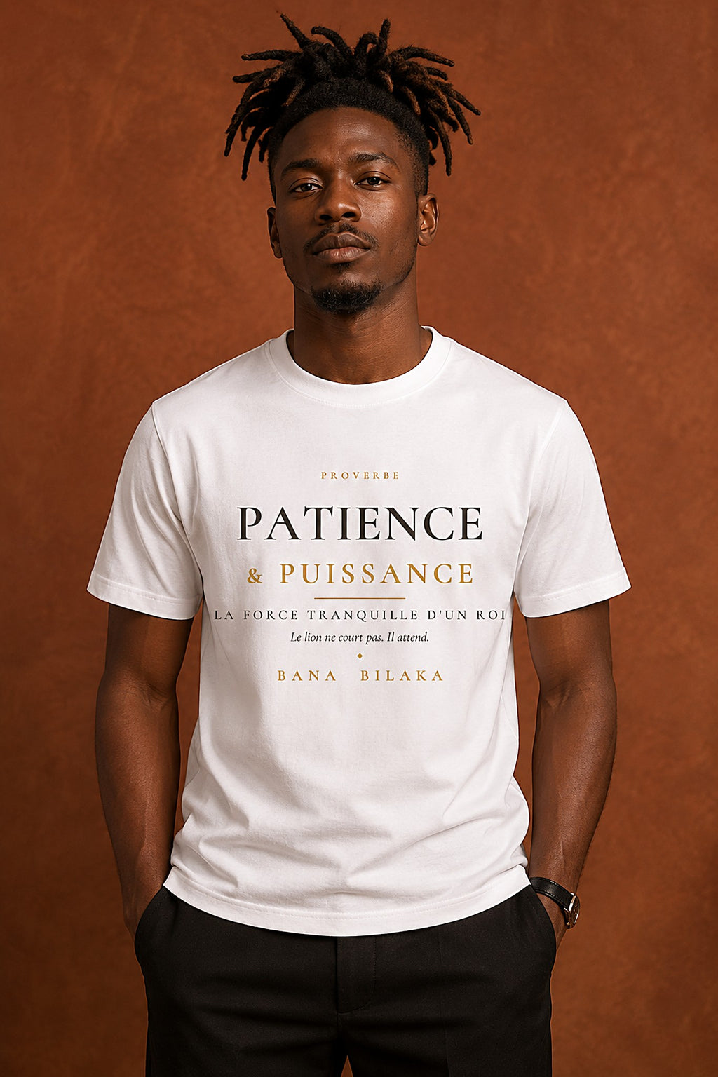 Bana Bilaka Patience & Puissance — premium white organic cotton men's tee worn by a Black man with dreadlocks, editorial portrait