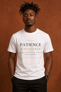 Bana Bilaka Patience & Puissance — premium white organic cotton men's tee worn by a Black man with dreadlocks, editorial portrait