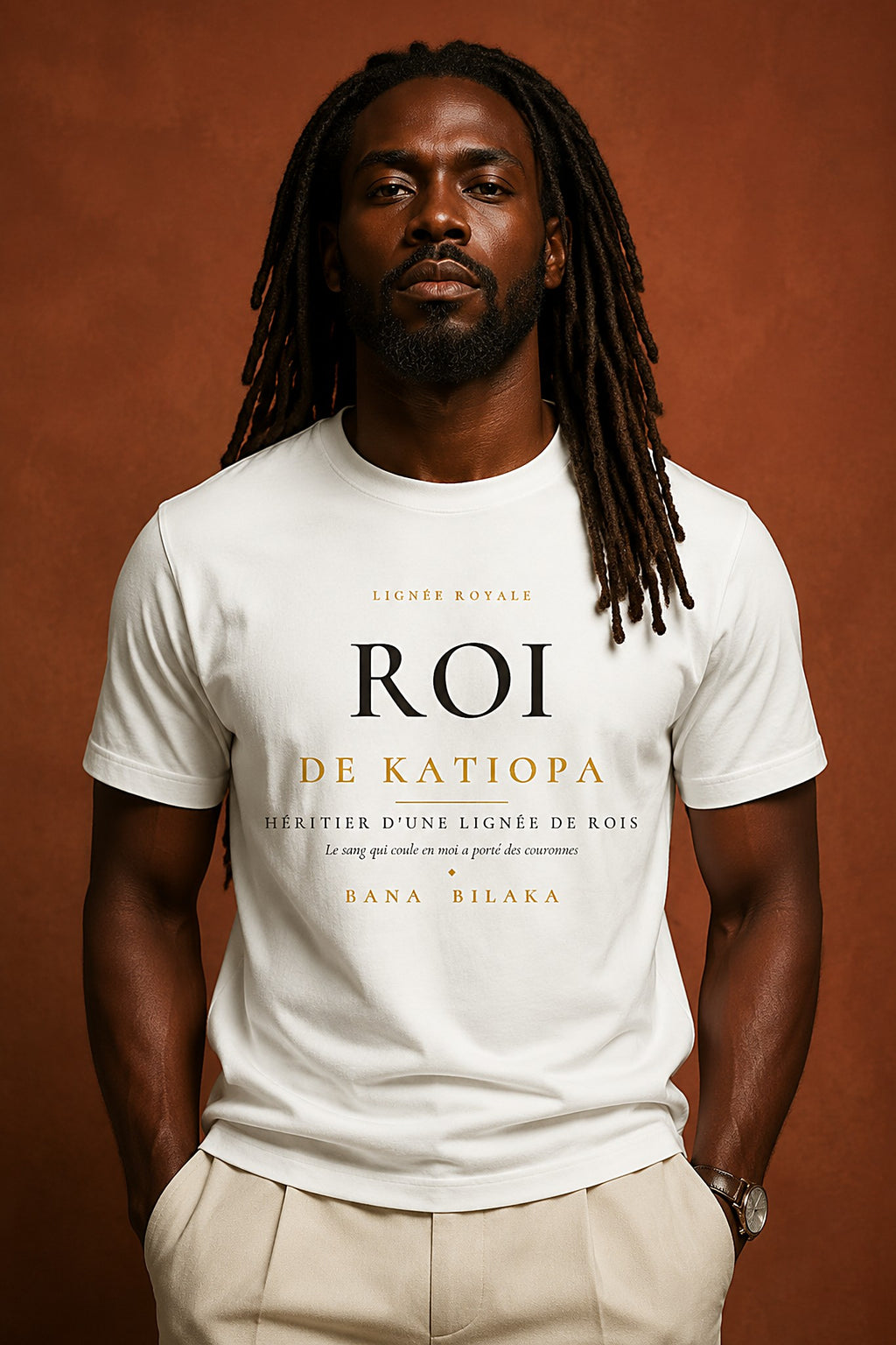 Bana Bilaka Roi de Katiopa — premium white organic cotton men's tee worn by a Black man with long locs, editorial portrait