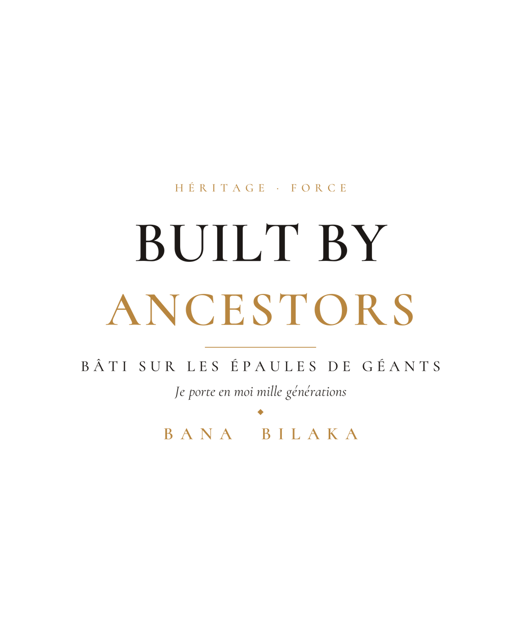 Built by Ancestors men's organic cotton tee — pan-African ancestral pride editorial typography design, Bana Bilaka Katiopa heritage