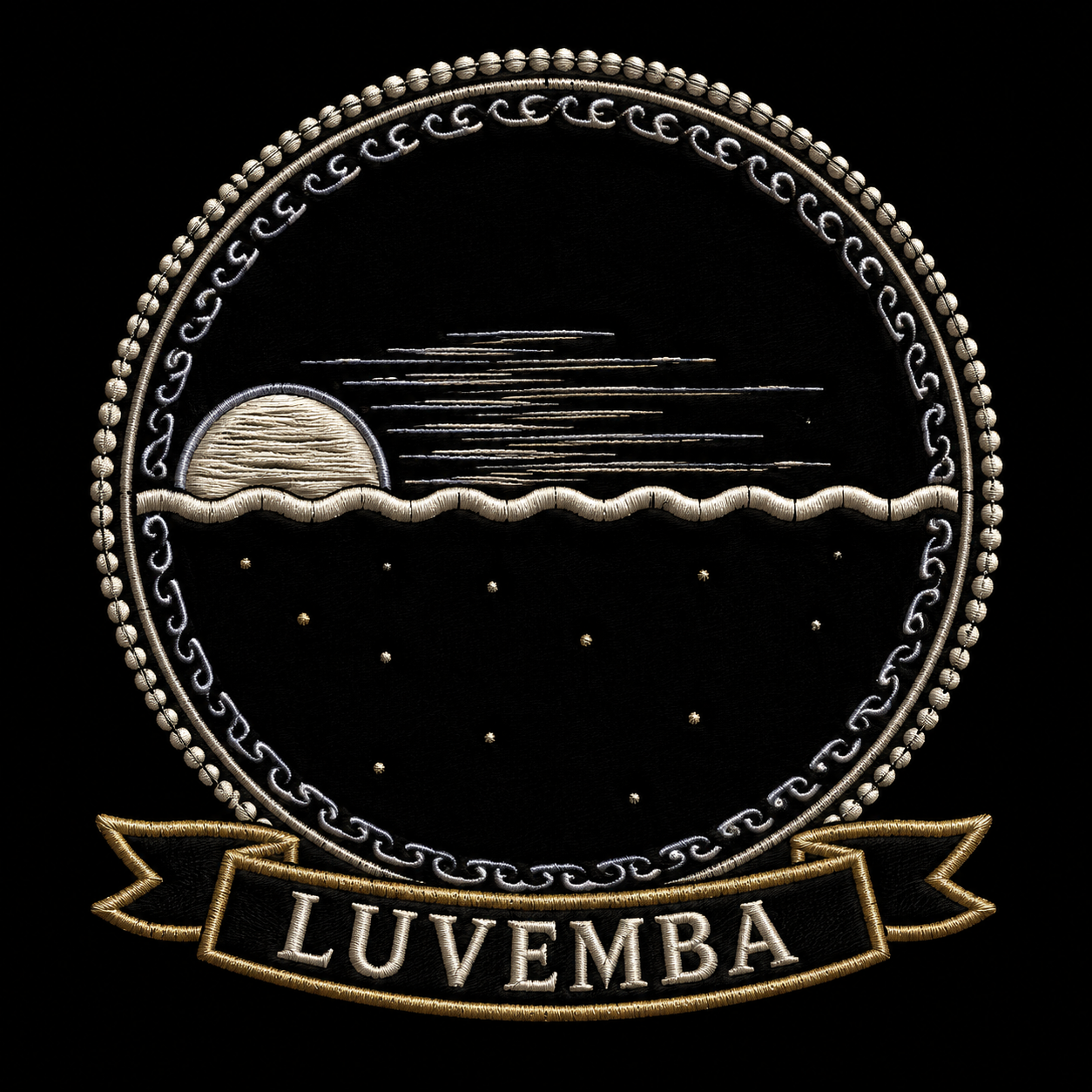 Luvemba emblem, embroidery-style Kongo medallion with the half-set sun sinking at the left of the Kalunga line, warm white and silver grey on black