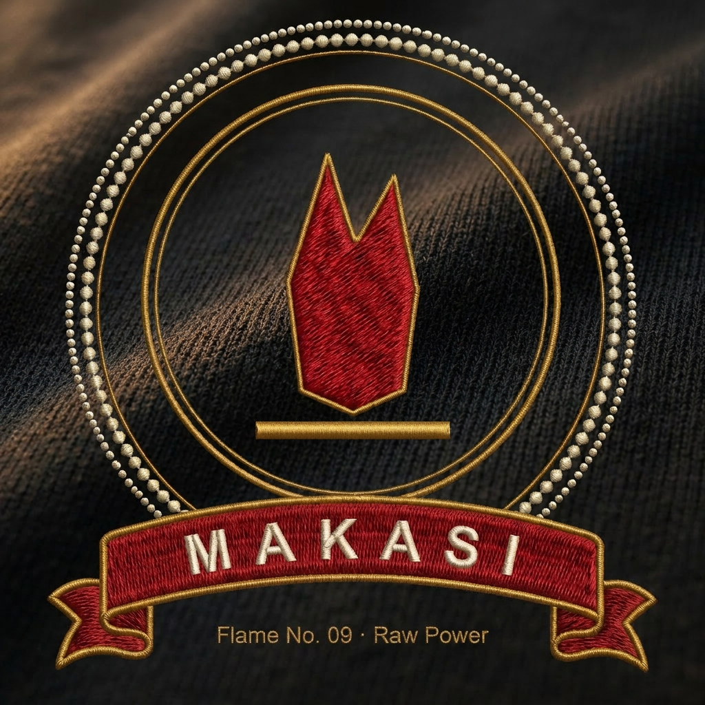 Close-up of the Makasi emblem: wide ruby flame over a solid gold bar, MAKASI banner, Flame No. 09 Raw Power