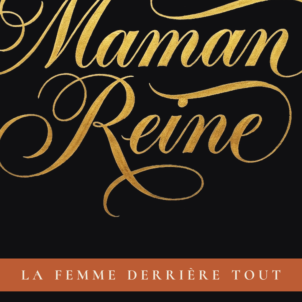 Close-up of the Maman Reine print: majestic gold calligraphy above the terracotta banner La Femme Derrière Tout in ivory capitals