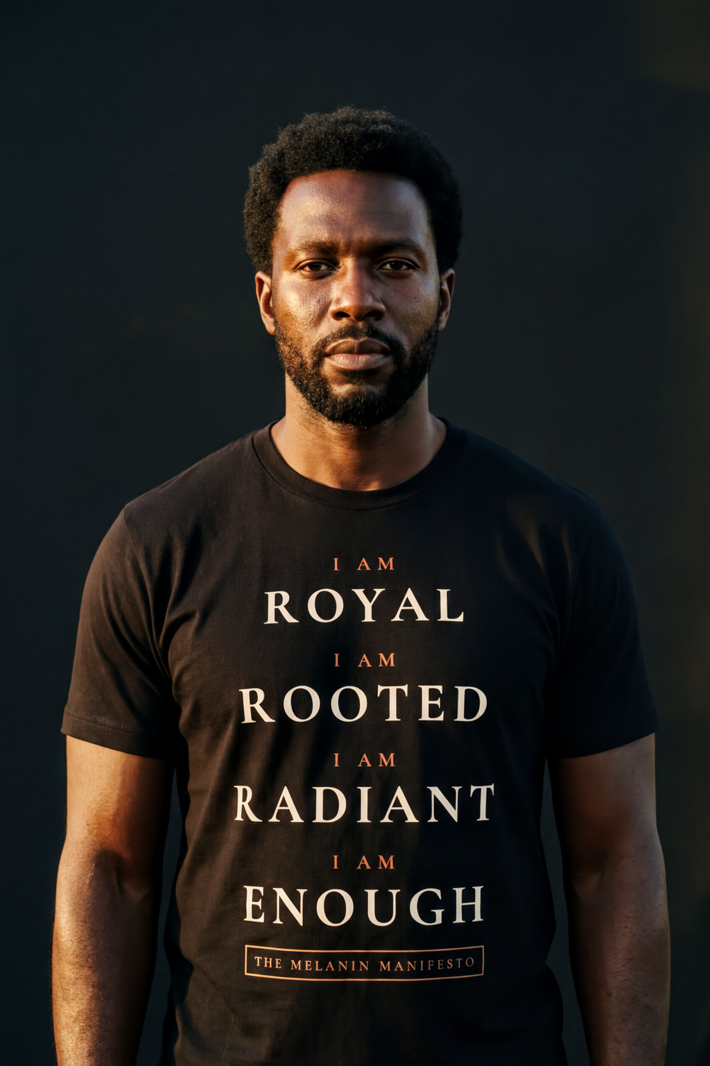 Man in his forties with short natural hair and beard wearing the black Melanin Manifesto V2 tee, ivory and terracotta litany print, Essentials collection by Bana Bilaka