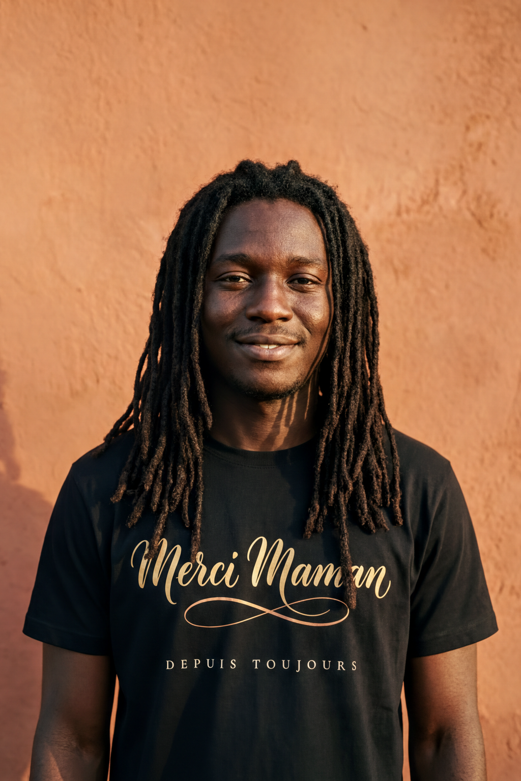 Young man with long natural locs wearing the black Merci Maman calligraphy tee, golden-hour light on a terracotta wall, Essentials gift line by Bana Bilaka