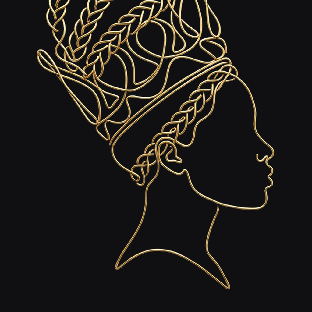 Close-up of the My Crown Is My Hair print: one continuous gold line drawing a woman whose braided hair rises into a crown