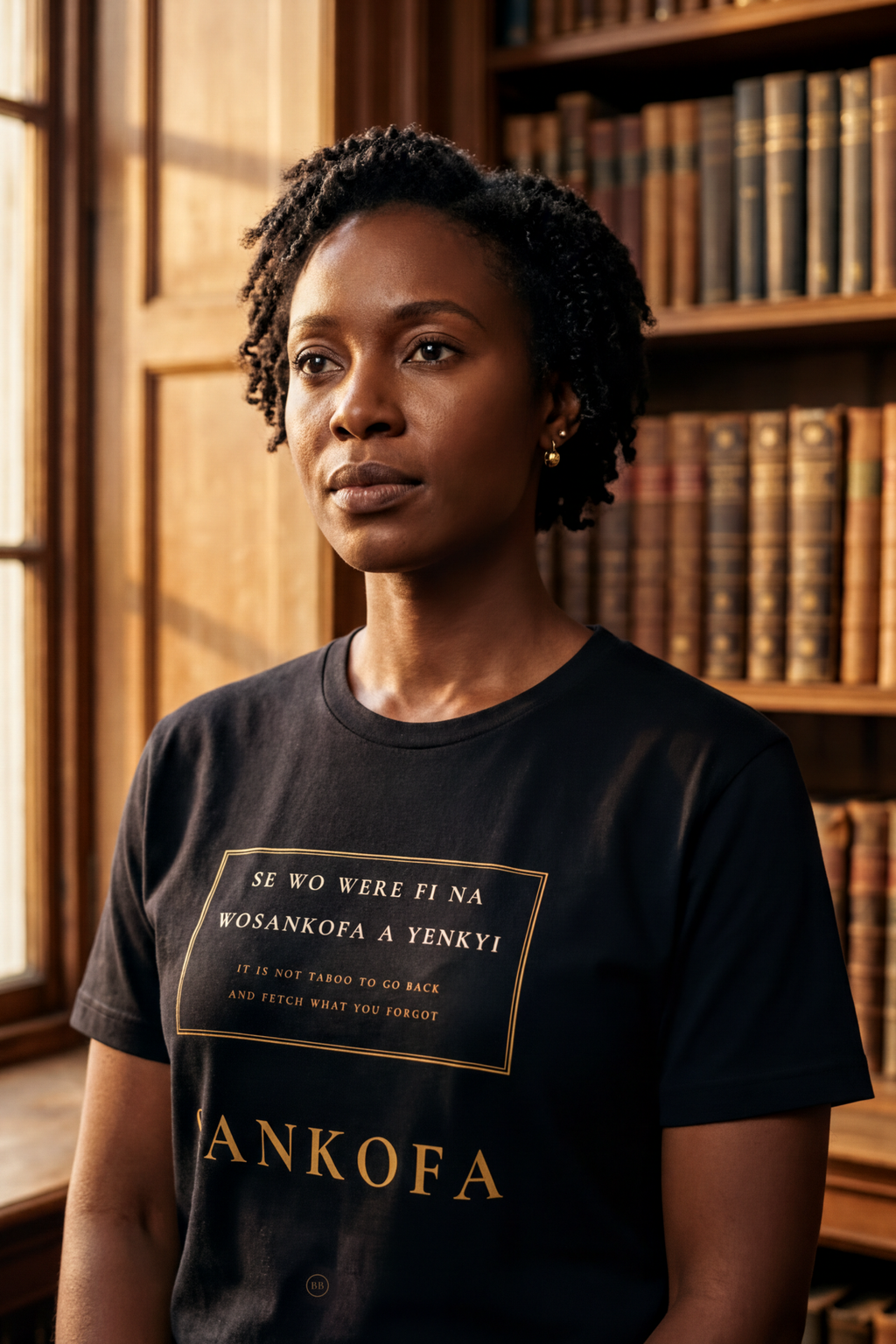 Thoughtful woman with short natural coils wearing the black Sankofa V2 tee in an old library, gold proverb cartouche, Essentials collection by Bana Bilaka