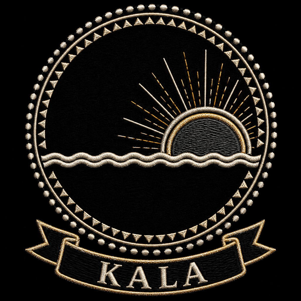 Kala emblem, embroidery-style Kongo medallion with the half-risen dawn sun breaking the Kalunga line on the right, ivory and pale gold on black
