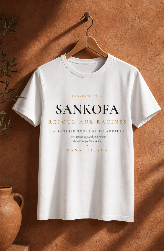 Bana Bilaka Sankofa — t-shirt blanc sur cintre, ambiance boutique terracotta