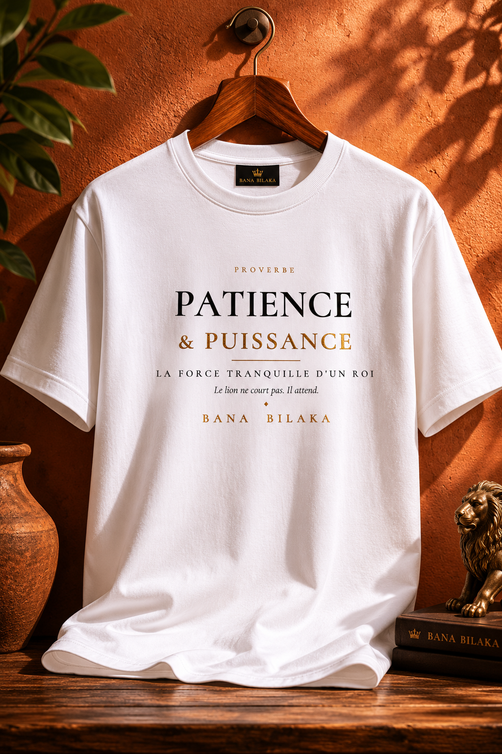 Bana Bilaka Patience & Puissance — t-shirt blanc sur cintre, ambiance boutique terracotta