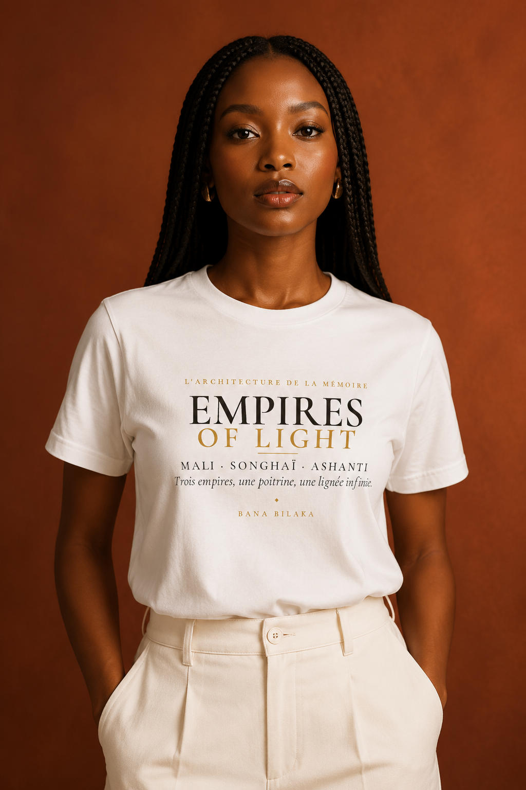 Bana Bilaka Empires of Light — t-shirt blanc porté par une femme aux tresses, portrait éditorial premium