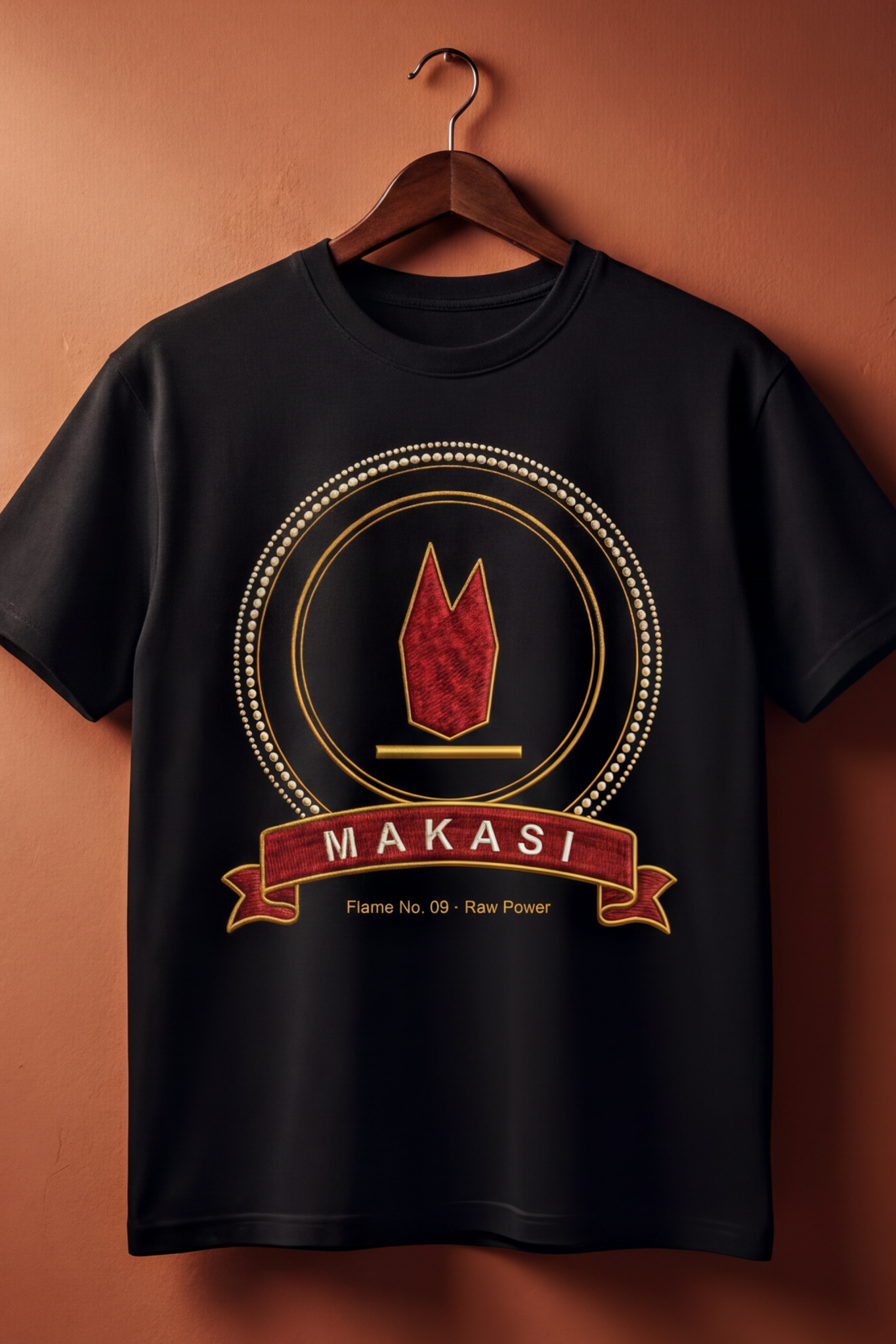Black Makasi tee on a wooden hanger against a terracotta wall, The Twelve Flames by Bana Bilaka