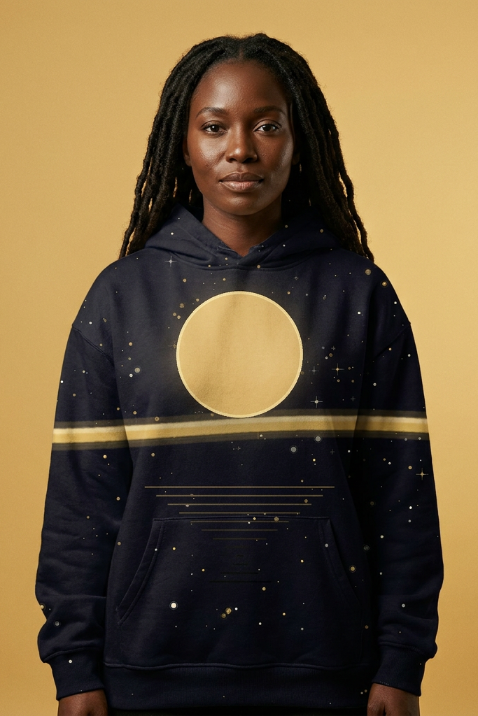Model wearing the Kalunga · Night Skies all over hoodie: deep indigo night sky with gold and ivory stars, a warm gold sun resting just above the horizon line, its reflection scattered on the water below